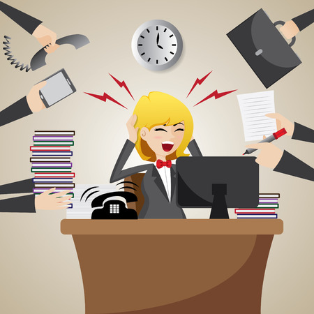 illustration of cartoon businesswoman with many workloadのイラスト素材