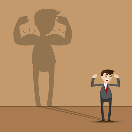 illustration of cartoon businessman with biceps shadow on wall in healthy worker conceptのイラスト素材
