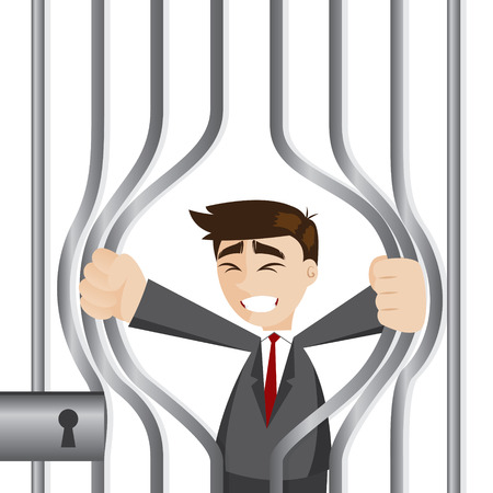 illustration of cartoon businessman trying to break prisonのイラスト素材
