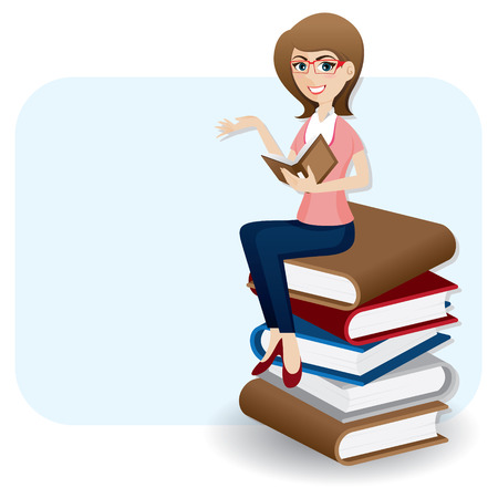 illustration of cartoon woman reading book on stack of bookのイラスト素材