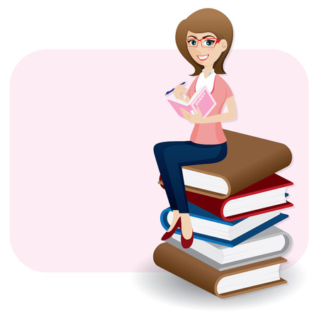 illustration of cartoon woman writing diary on stack of bookのイラスト素材