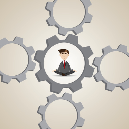 illustration of cartoon businessman meditation in gear system in relax conceptのイラスト素材