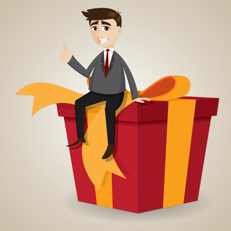 illustration of cartoon businessman sitting on big gift boxのイラスト素材