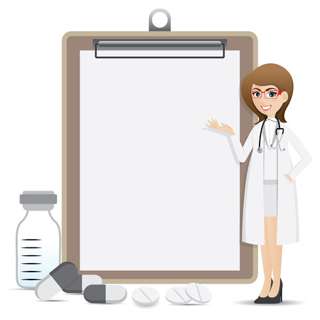 illustration of cartoon smart pharmacist presentation with blank clip boardのイラスト素材