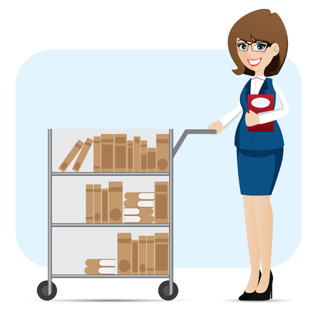 illustration of cartoon girl librarian with book trolleyのイラスト素材