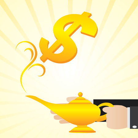 illustration of cartoon businessman rub the lampのイラスト素材