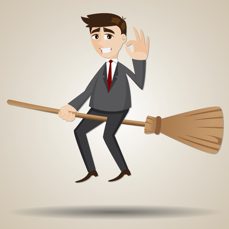 illustration of cartoon businessman floating on magic broomのイラスト素材