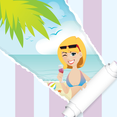 Illustration of cartoon sexy girl on the beach background with ripped paper.のイラスト素材