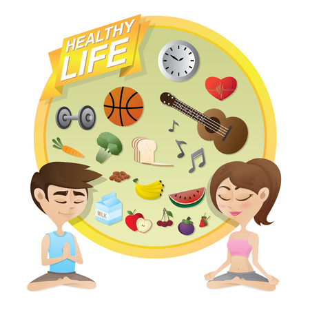 illustration of boy and girl meditating with healthy life icons background.のイラスト素材