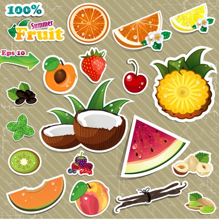 Set of stickers mix of various fruit, with transparency written melting age and background gradient meshのイラスト素材