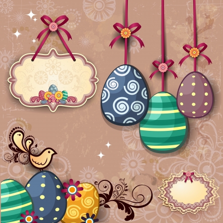 Easter eggs and labels on a pink background antique decor-several levels-transparency blending effects and gradient のイラスト素材