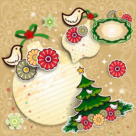 Christmas decorations collage effect, balls of paper, trees, birds, flowers and lights transparency and blending effects gradient mesh Eps 10のイラスト素材