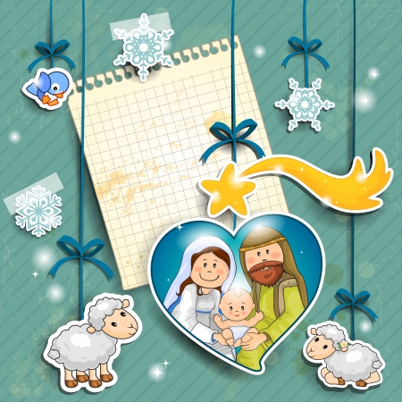 Stickers depicting the characters of the nativity with the piece of paper where you can insert your own text-transparency blending effects and gradient mesh-EPS 10のイラスト素材