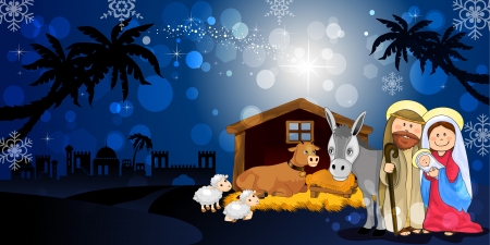 Holy Family in Bethlehem on the night with hut donkey and ox-transparency blending effects and gradient mesh-EPS10のイラスト素材