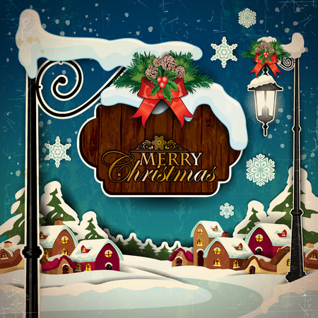 A country with snowy sign of Christmas greetings-Vintage effects can be removed- Transparency blending effects and gradient meshのイラスト素材