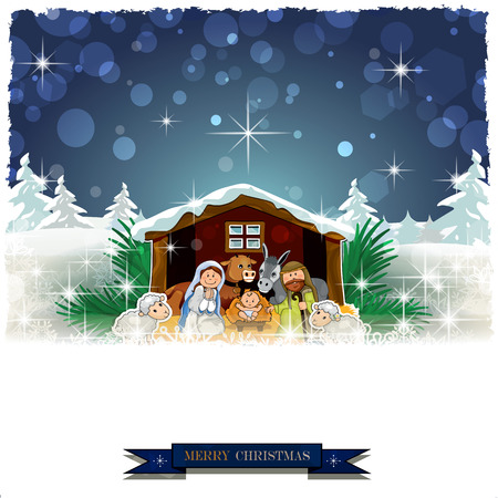 Nativity in the snow with pine trees and Christmas decorations-Vintage effects can be removed-Transparency blending effects and gradient mesh-EPS 10のイラスト素材