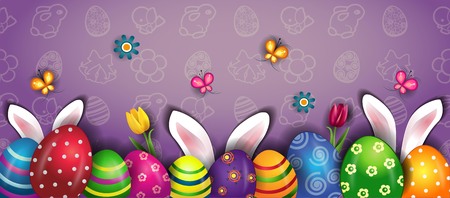 Banner Happy Easter With Eggs And Rabbit Ears-transparency blending effects and gradient mesh-EPS 10のイラスト素材