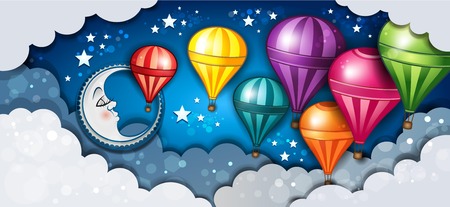 Banner Moon Sleeping In The Clouds And Hot Air Balloons-Transparency blending effects and gradient meshのイラスト素材