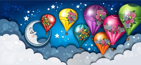 Banner Moon and Hot Air Balloons Floral-Transparency blending effects and gradient meshEPS 10のイラスト素材