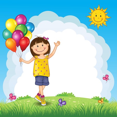 Little Girl With Balloons on Landscape - Editable - With Space to Insert Your Own Text - EPS 10のイラスト素材