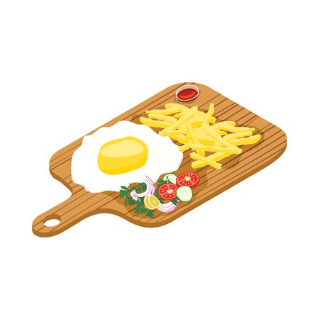 Delicious fried eggs with french fries and salad with onion, cucumber, tomato and chili. Vector illustrationのイラスト素材