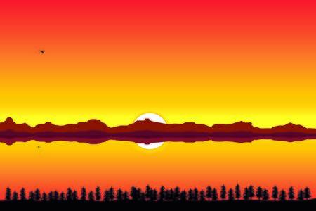 Sunset on the river and mountains. Vector illustrationのイラスト素材