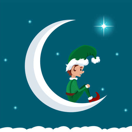 Christmas elf on the moon restingのイラスト素材