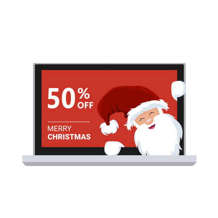 Santa claus inside a promotional laptop and discount for christmasのイラスト素材