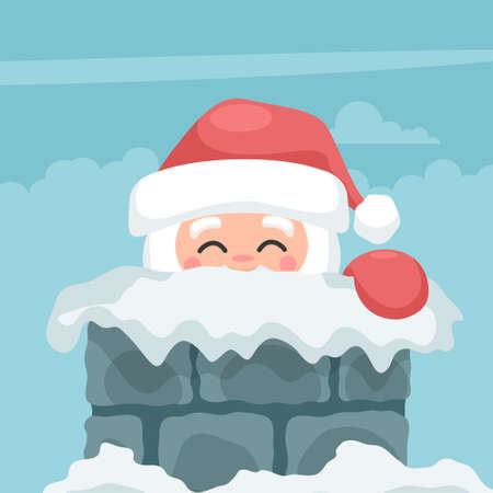 Design of santa claus peeking out of the fireplace on merry christmas cardのイラスト素材