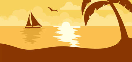 Summer sunset with sun on the beach with sailboatのイラスト素材