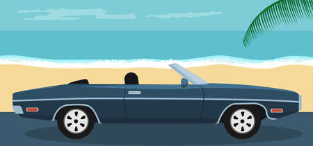 Background of a convertible classic car parked on the beach in summerのイラスト素材