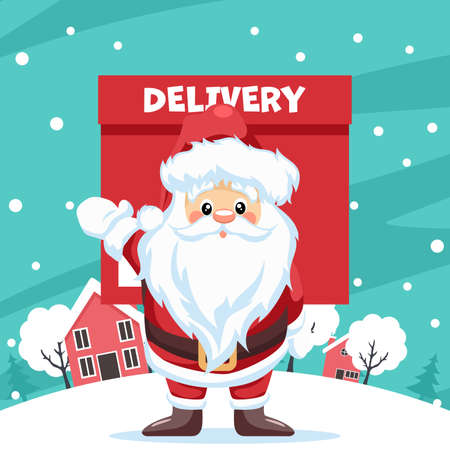 Design of santa claus delivering delivery in the city at christmasのイラスト素材