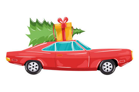 nice red car carrying christmas tree and gift boxのイラスト素材