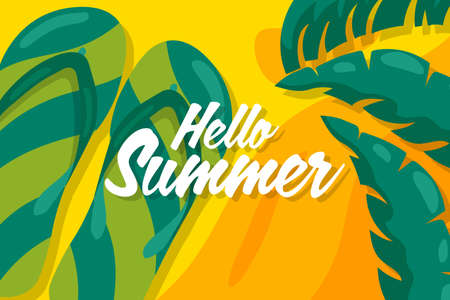 Welcome summer background with green sandals and palm trees.のイラスト素材
