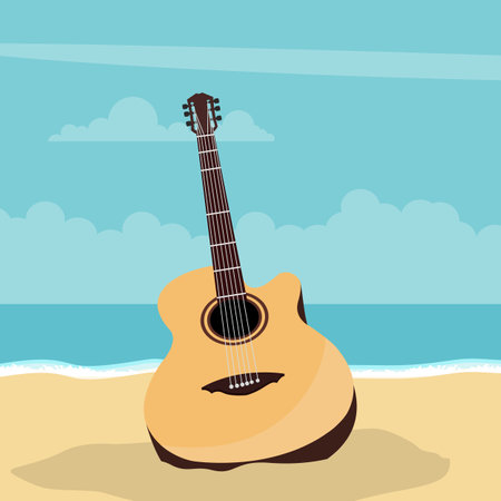 Acoustic guitar design with beach background in summerのイラスト素材
