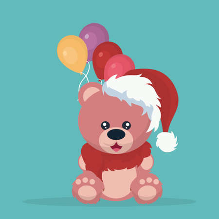 Beautiful Christmas teddy bear with colorful balloonsのイラスト素材