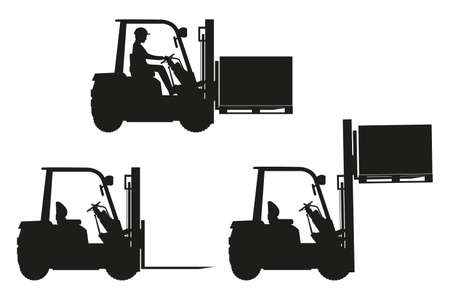 Set of silhouettes of heavy forklift machinery that perform different functions.のイラスト素材