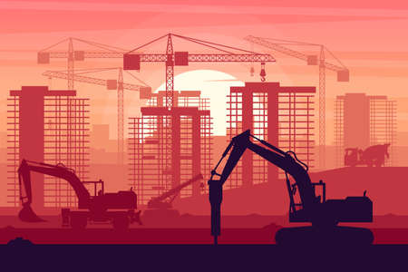 Heavy machinery of wheel excavator, concrete truck, hammer excavator and telescopic crane working on building construction with sunset backgroundのイラスト素材