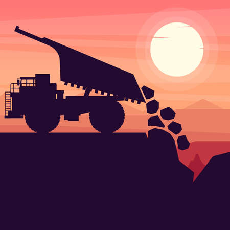 mining truck heavy machinery unloading materials in a mine with sunset backgroundのイラスト素材