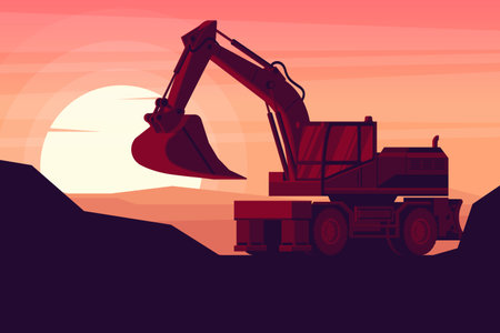 wheeled excavator in a sunset with heavy construction and mining machineryのイラスト素材