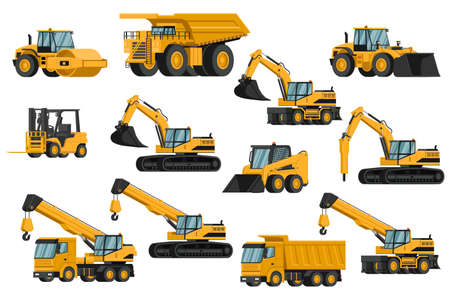 Set of heavy machinery 3d, truck, soil compactor, backhoe, excavator, forklift, front loader, crane, hammer, for construction and miningのイラスト素材