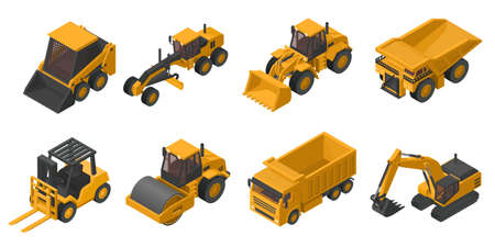 Set of 3D isometric heavy machinery used in the construction and mining industry, front loader, dump truck, excavator, skid steer, mining truck, motor grader, soil compactor and lift truckのイラスト素材