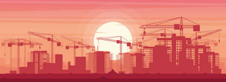 Panoramic background landscape of a city under construction with cranes in a sunsetのイラスト素材