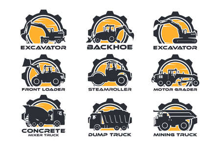 Heavy machinery label logo, excavator, backhoe, front loader, soil compactor, motor grader, concrete trucks, truck and mining truckのイラスト素材
