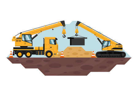Crane truck and telescopic crane moving heavy objects, heavy machinery used in the construction and mining industry. safety conesのイラスト素材