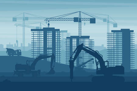 Background of heavy machinery such as hammer excavator, wheel excavator, concrete trucks, telescopic crane, working on the construction of buildings in a cityのイラスト素材