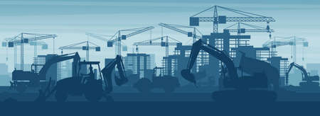 Panoramic background of heavy machinery such as excavator, backhoe, truck, soil compactor, wheel excavator, concrete trucks, hammer excavator, working on the construction of buildings in a cityのイラスト素材