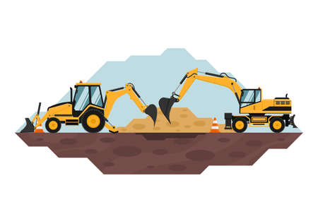 Backhoe and wheeled excavator working on earth moving, heavy machinery used in the construction and mining industry. safety conesのイラスト素材