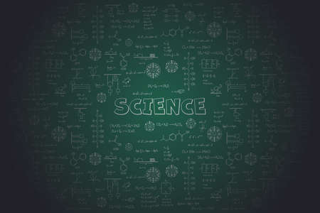 Calculus equations, algebra, organic chemistry, chemical reactions, chemical elements, physics, rectilinear motion, statics, electromagnetism, friction force, energy, on a green science backgroundの写真素材