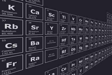 Futuristic perspective background of the periodic table of chemical elements with their atomic number, atomic weight, element name and symbol on a black backgroundのイラスト素材